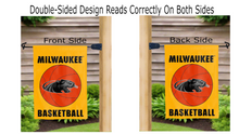 Load image into Gallery viewer, uw milwaukee panthers basketball logo reading correctly on both sides of gold double sided garden flag