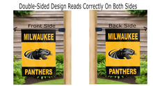 Load image into Gallery viewer, uw milwaukee panthers logo reading correctly on both sides of double sided garden flag