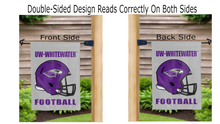 Load image into Gallery viewer, uw whitewater football logo reading correctly on both sides of grey double sided garden flag