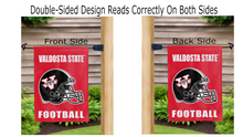 Load image into Gallery viewer, valdosta state football logo reading correctly on both sides of red double sided garden flag