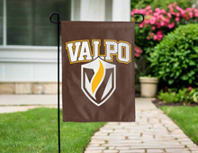 Load image into Gallery viewer, brown valparaiso university garden flag hung outside for yard decor
