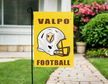 Load image into Gallery viewer, gold valpo football garden flag hung outside for yard decor