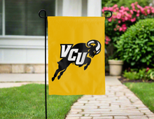 Load image into Gallery viewer, gold vcu double sided garden flag hung outside for yard decor