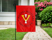 Load image into Gallery viewer, red virginia military institute garden flag hung outside for yard decor