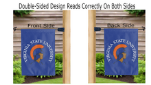 Load image into Gallery viewer, virginia state university logo reading correctly on both sides of blue double sided garden flag