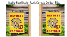 Load image into Gallery viewer, vmi keydets football logo reading correctly on both sides of gold garden flag