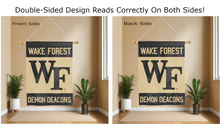 Load image into Gallery viewer, wake forest wf demon deacons logo reading correctly on both sides of black and gold house flag