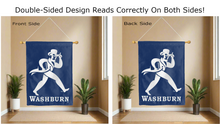 Load image into Gallery viewer, washburn ichabods logo reading correctly on both sides of blue double sided house flag