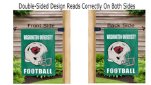 Load image into Gallery viewer, washington university football logo reading correctly on both sides of green double sided garden flag