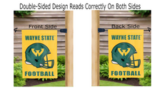 Load image into Gallery viewer, wayne state warriors football logo reading correctly on both sides of gold double sided garden flag