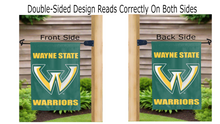 Load image into Gallery viewer, wayne state warriors logo reading correctly on both sides of green double sided garden flag