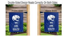 Load image into Gallery viewer, we are south logo reading correctly on both sides of blue south alabama double sided garden flag