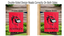 Load image into Gallery viewer, wesleyan university cardinals logo reading correctly on both sides of red double sided garden flag