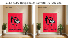 Load image into Gallery viewer, wesleyan university cardinals logo reading correctly on both sides of red double sided house flag