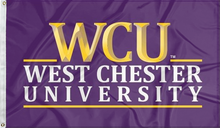 Load image into Gallery viewer, purple west chester university flag with wcu logo for college dorm decor