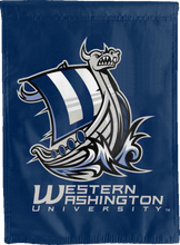 Load image into Gallery viewer, blue western washington university house flag with viking ship logo for man cave decor
