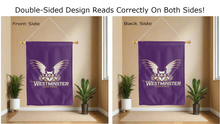 Load image into Gallery viewer, westminster university griffins logo reading correctly on both sides of purple double sided house flag