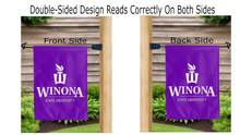 Load image into Gallery viewer, winona state university logo reading correctly on both sides of purple double sided garden flag