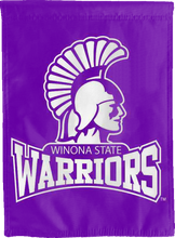 Load image into Gallery viewer, purple winona state warriors double sided house flag for game day decor