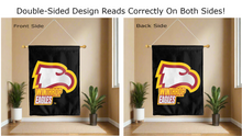 Load image into Gallery viewer, winthrop eagles logo reading correctly on both sides of black double sided house flag