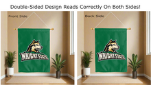Load image into Gallery viewer, wright state raiders logo reading correctly on both sides of green double sided house flag