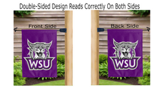 Load image into Gallery viewer, wsu logo reading correctly on both sides of purple weber state university garden flag