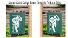 Load image into Gallery viewer, wsu tartars logo reading correctly on both sides of green double sided garden flag