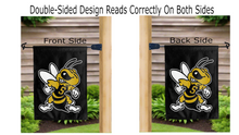 Load image into Gallery viewer, wvsu yellow jacket logo reading correctly on both sides of black double sided garden flag