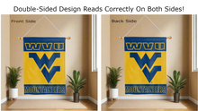 Load image into Gallery viewer, wvu mountaineers logo reading correctly on both sides of blue and gold double sided house flag