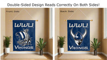 Load image into Gallery viewer, wwu vikings logos reading correctly on both sides of blue double sided house flag