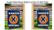 Load image into Gallery viewer, xavier basketball logo reading correctly on both sides of blue double sided garden flag