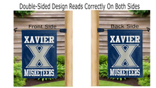 Load image into Gallery viewer, xavier musketeers logo reading correctly on both sides of blue double sided garden flag