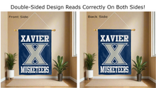 Load image into Gallery viewer, xavier musketeers logo reading correctly on both sides of blue double sided house flag