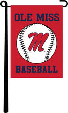 Load image into Gallery viewer, Red Ole Miss Baseball 13x18 Garden Flag hanging on black garden flag stand