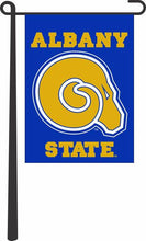 Load image into Gallery viewer, Blue 13x18 inch long Albany State University Garden Flag hanging on black Garden Flag Stand
