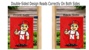 lil red nebraska mascot garden flag hung from mailbox flagpole reading correctly on both sides