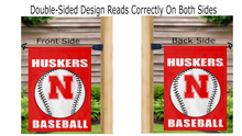 Load image into Gallery viewer, Red 13x18 Nebraska Baseball Garden Flag hung from mailbox flagpole reading correctly from both sides
