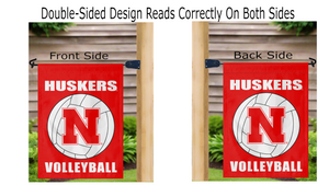 red nebraska volleyball garden flag hung from mailbox flagpole displayed from both sides correctly