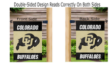 Load image into Gallery viewer, Black and gold University of Colorado Garden Flag double sided hanging on mailbox flagpole
