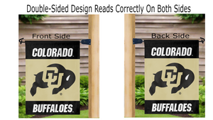 Black and gold University of Colorado Garden Flag double sided hanging on mailbox flagpole