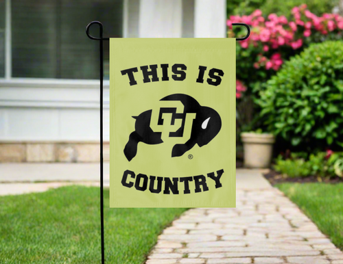 University of Colorado Country Garden Flag hung outside from garden flag stand