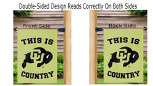 Load image into Gallery viewer, gold University of Colorado This Is Boulder Buffaloes Country Garden Flag hung from mailbox flagpole
