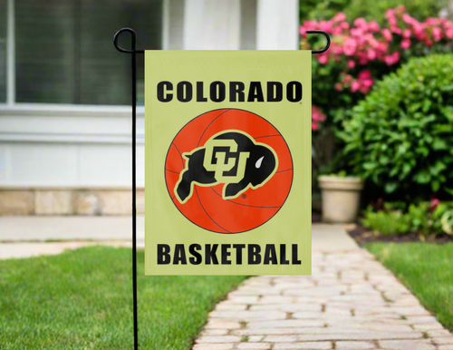 gold Colorado Basketball Garden Flag hung outside from garden flag stand