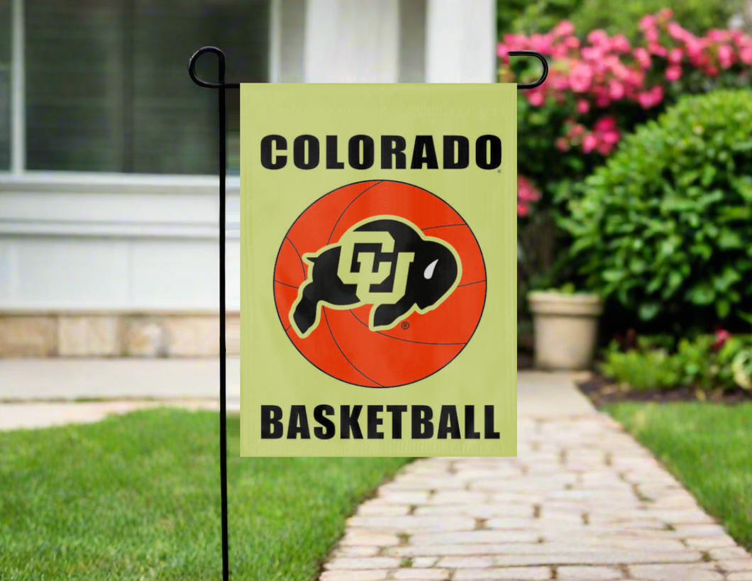gold Colorado Basketball Garden Flag hung outside from garden flag stand
