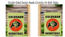Load image into Gallery viewer, gold Colorado Basketball Garden Flag hung from mailbox flagpole reading correctly on both sides
