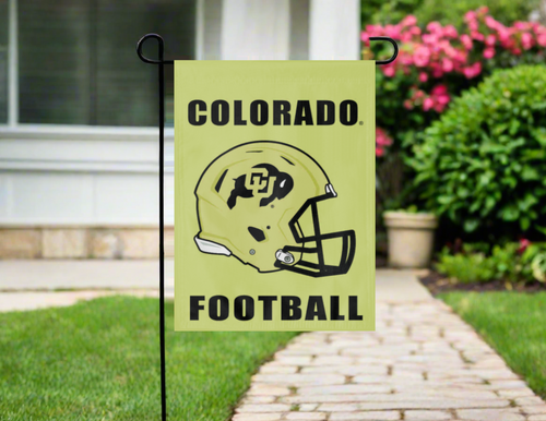 gold colorado football game garden flag hung outside from garden flag stand