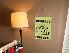 Load image into Gallery viewer, gold colorado football game garden flag hung from banner pole
