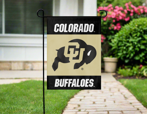 Black and gold University of Colorado Garden Flag hung outside from garden flag stand