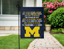 Load image into Gallery viewer, blue michigan wolverines fight song garden flag hung on a garden flag stand outside
