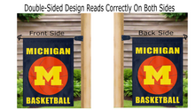 Load image into Gallery viewer, blue michigan basketball logo garden flag hung from both sides on a mailbox flagpole reading correctly
